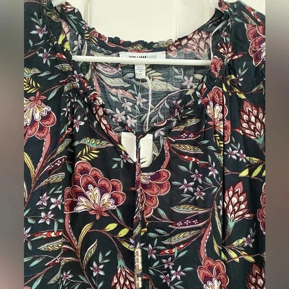 William Rast Black Purple Floral Tie Front Peasant  Blouse Ruched Sleeve Size XS - Picture 5 of 10